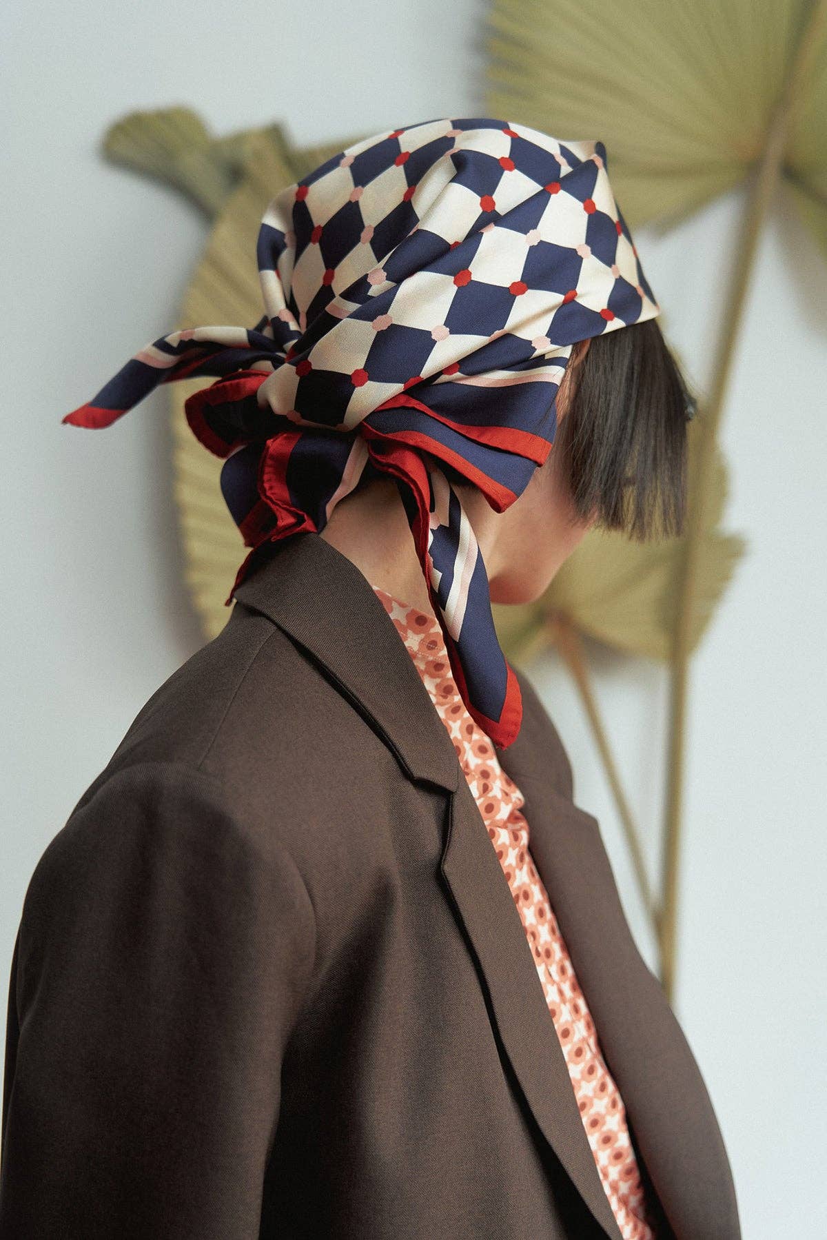 "Checkerboard" Silk Bandana Scarf - Blue