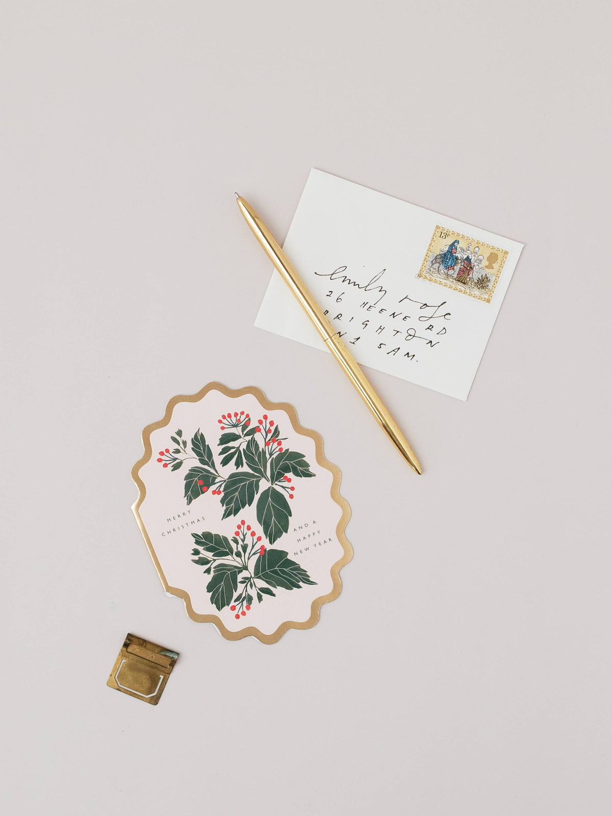 MERRY CHRISTMAS AND A HAPPY NEW YEAR SCALLOP DIE CUT HOLIDAY CARD