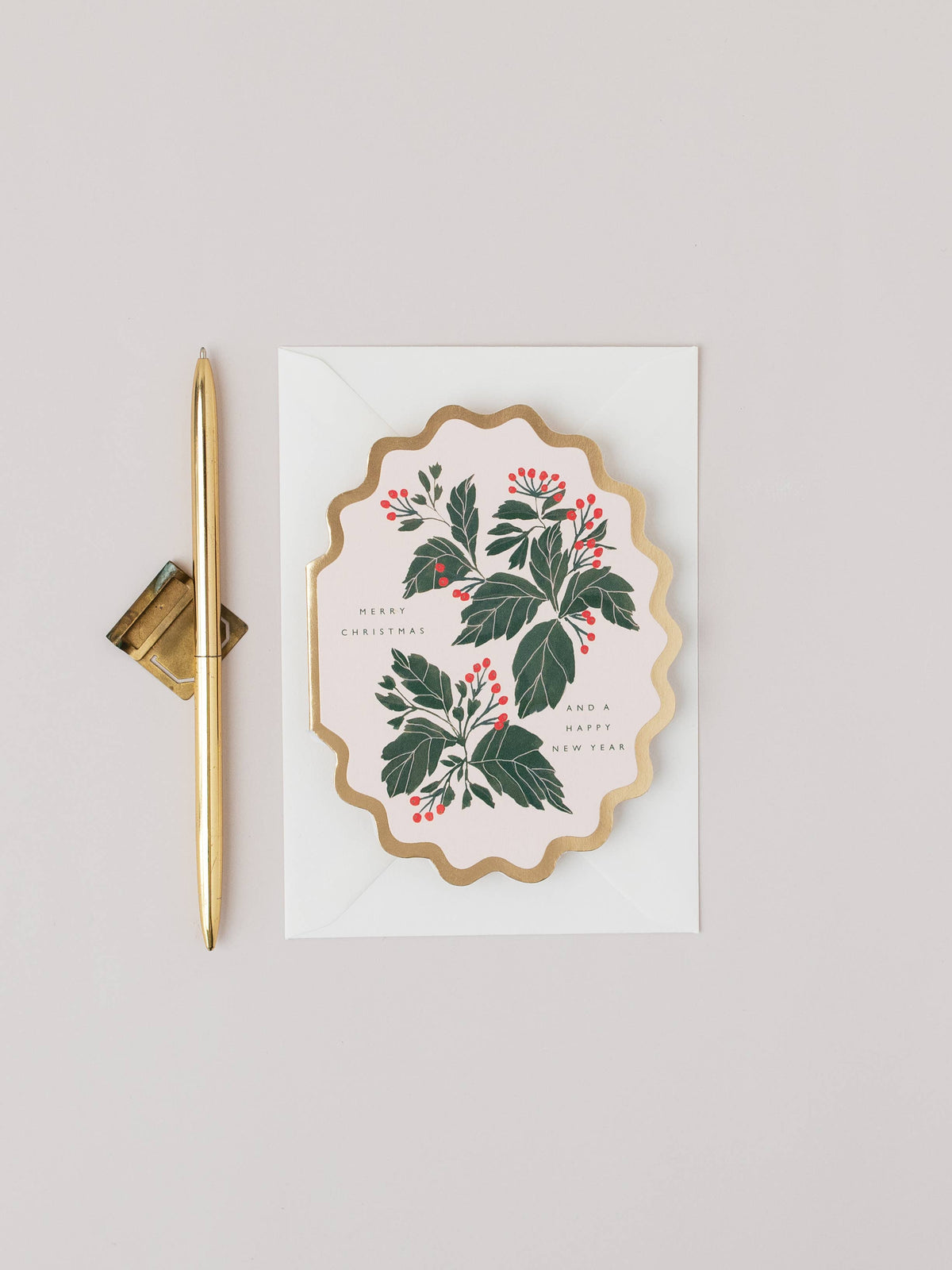 MERRY CHRISTMAS AND A HAPPY NEW YEAR SCALLOP DIE CUT HOLIDAY CARD
