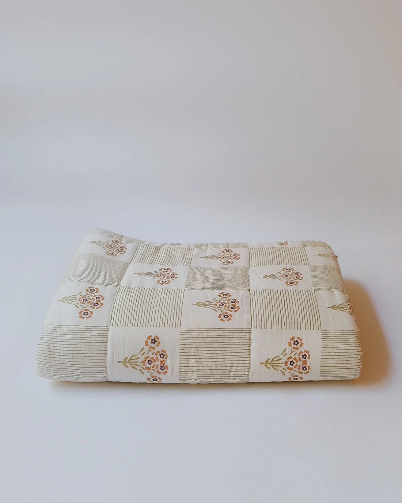 SHABANA - HAND BLOCK-PRINTED REVERSIBLE QUILT THROW - OLIVE