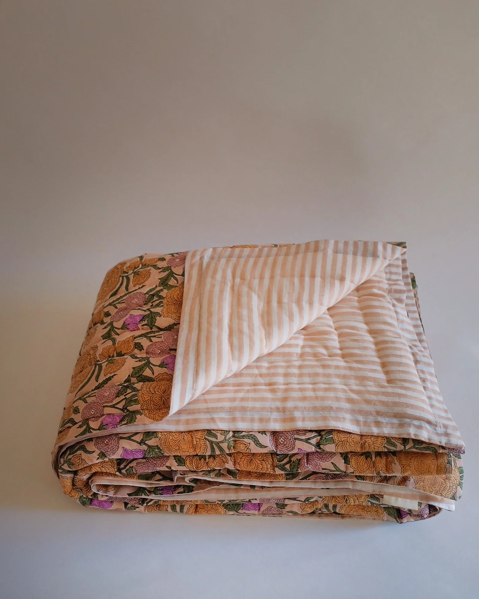 Nargis - Hand Block-printed Reversible Quilt, Old Rose