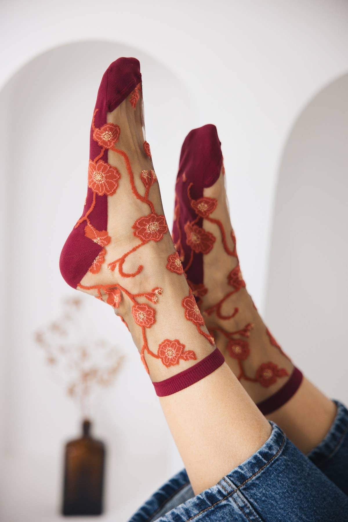 Blomst Coral • Sheer floral socks 39/41