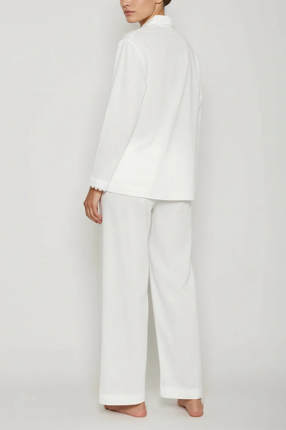 Classic Pajama Set With Flower Trim - White