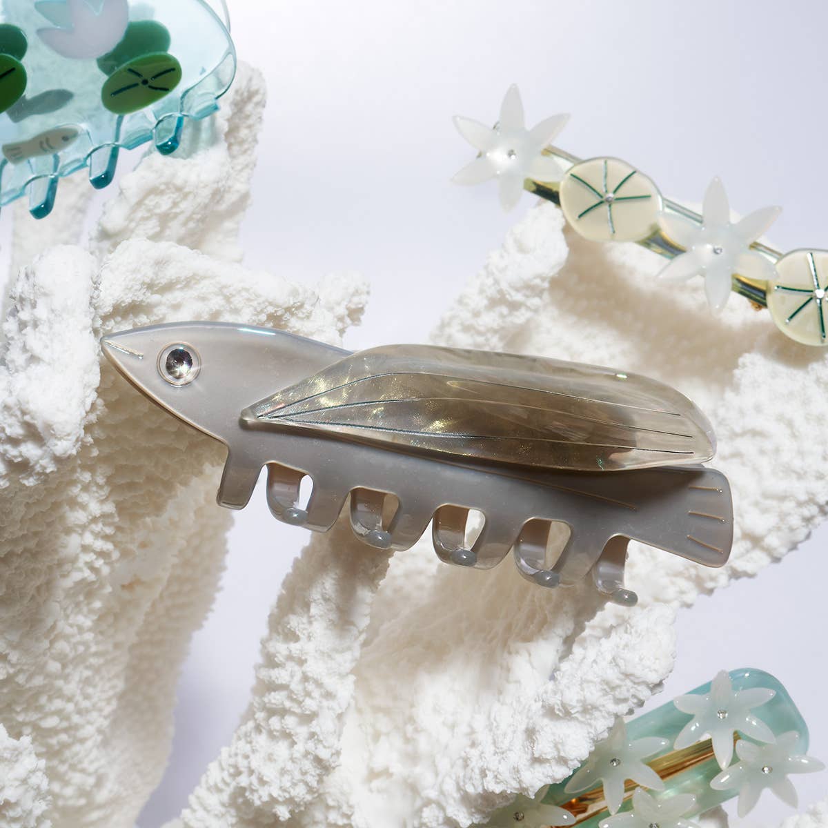 Flying Fish Silver Acetate Hair Claw Clip with Rhinestone