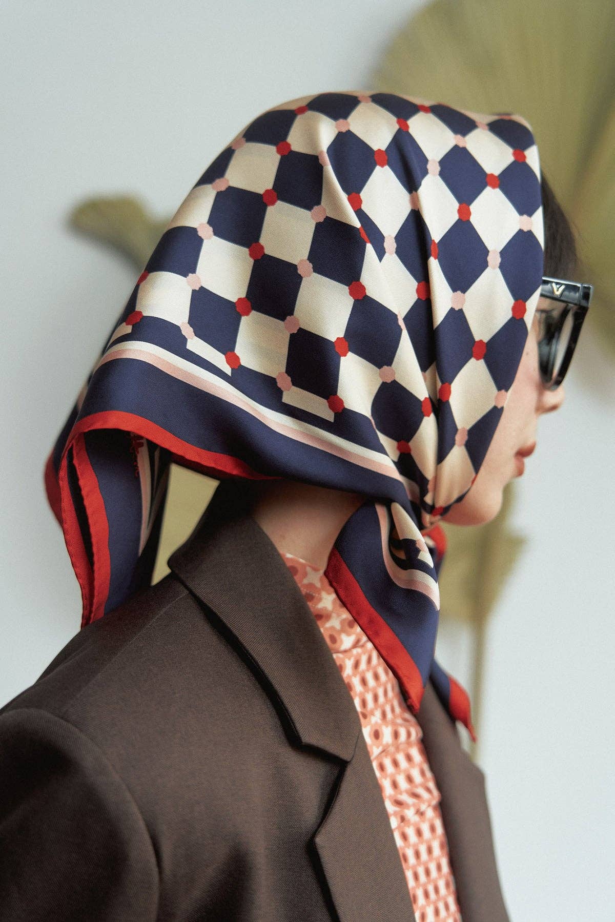 "Checkerboard" Silk Bandana Scarf - Blue
