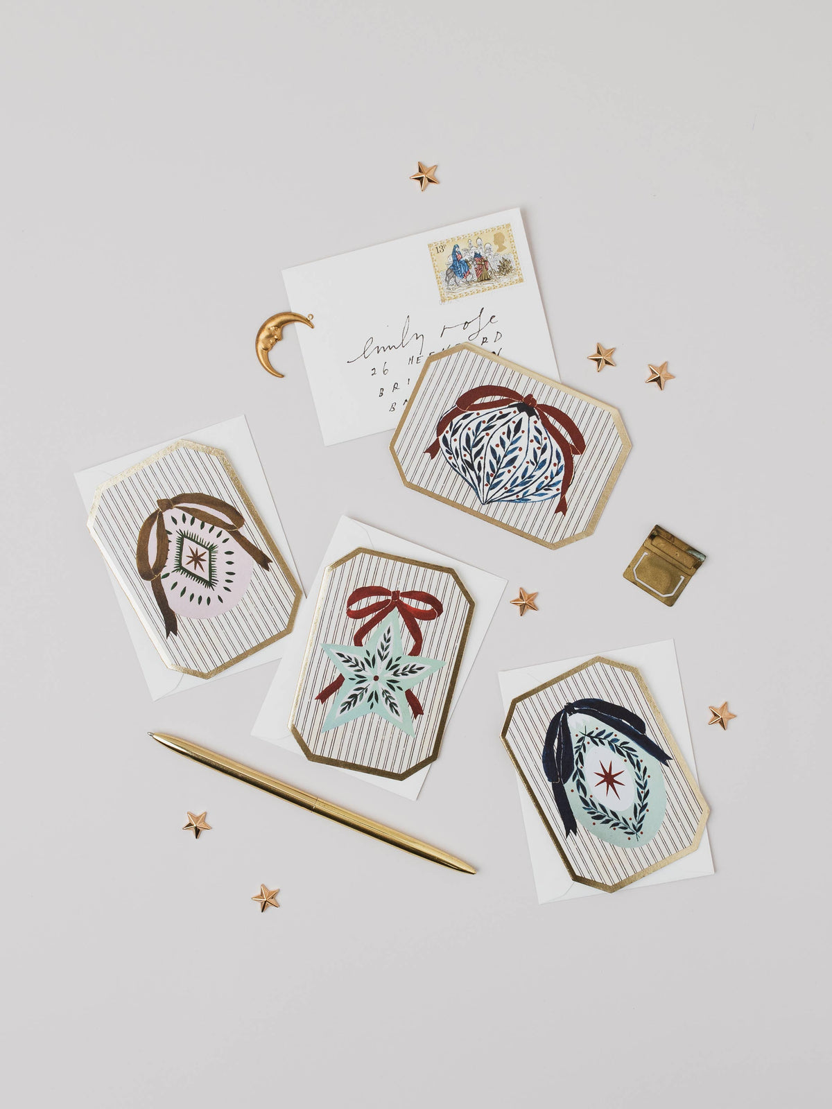 CHRISTMAS BLUE BAUBLE BOTANICAL DIE CUT MINI HOLIDAY CARD