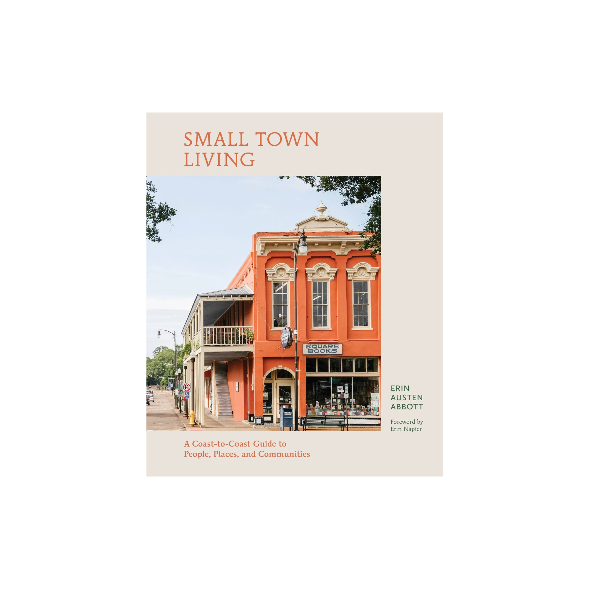 Book cover of 'Small Town Living' with a photo of a red building on a white background