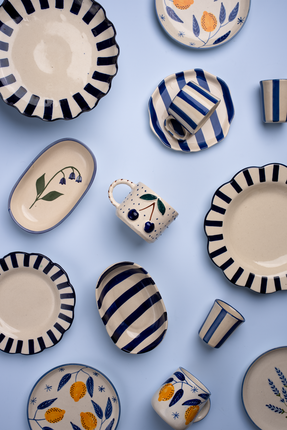 Ceramic Stripe Dinner Plate, Blue- 10 x 10 x 1.25 Inches