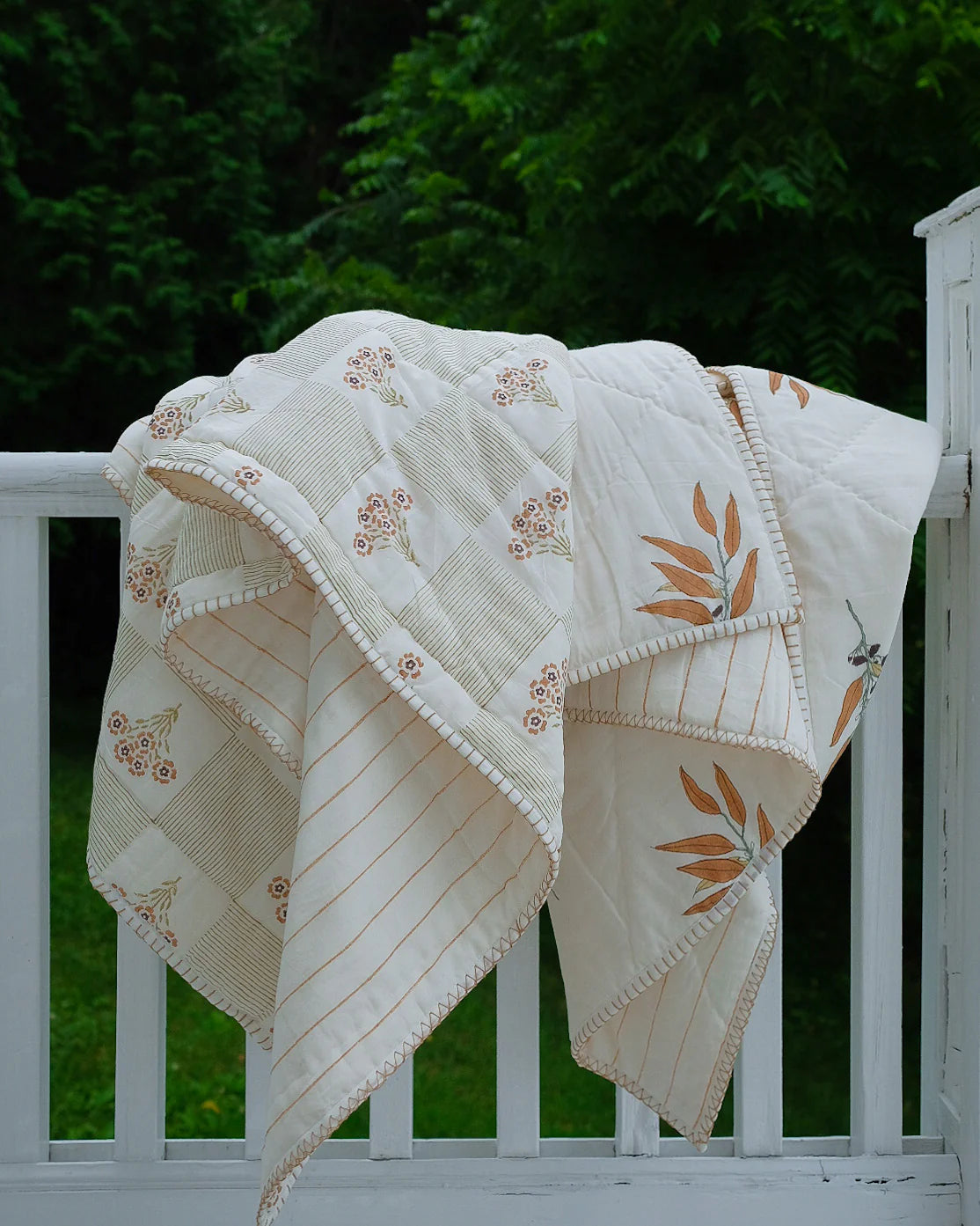 SHABANA - HAND BLOCK-PRINTED REVERSIBLE QUILT THROW - OLIVE