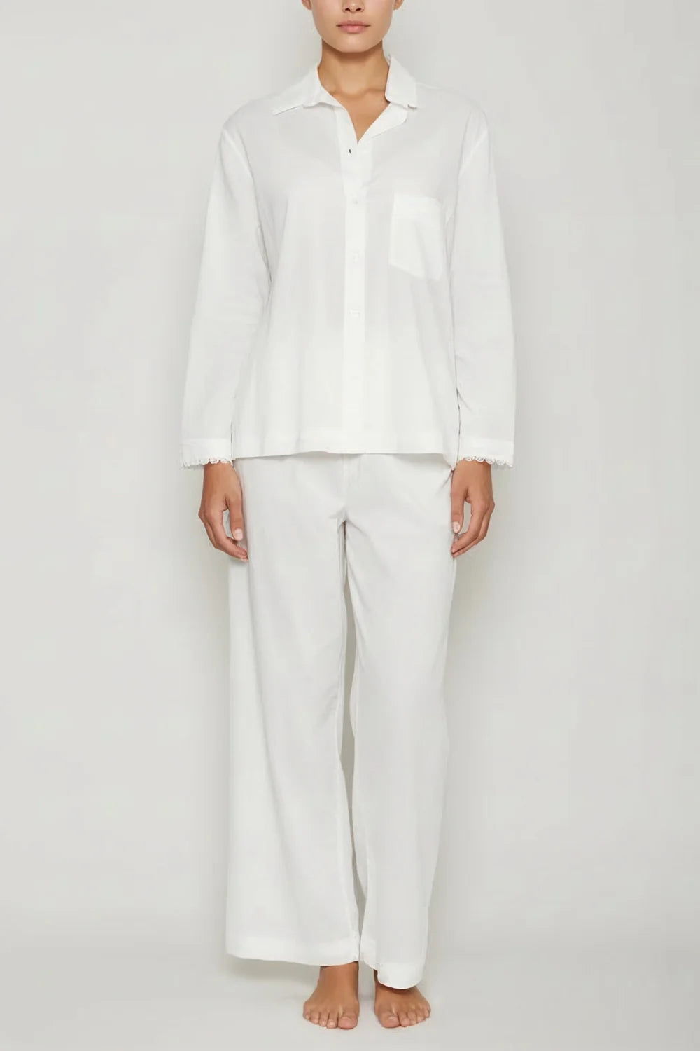 Classic Pajama Set With Flower Trim - White