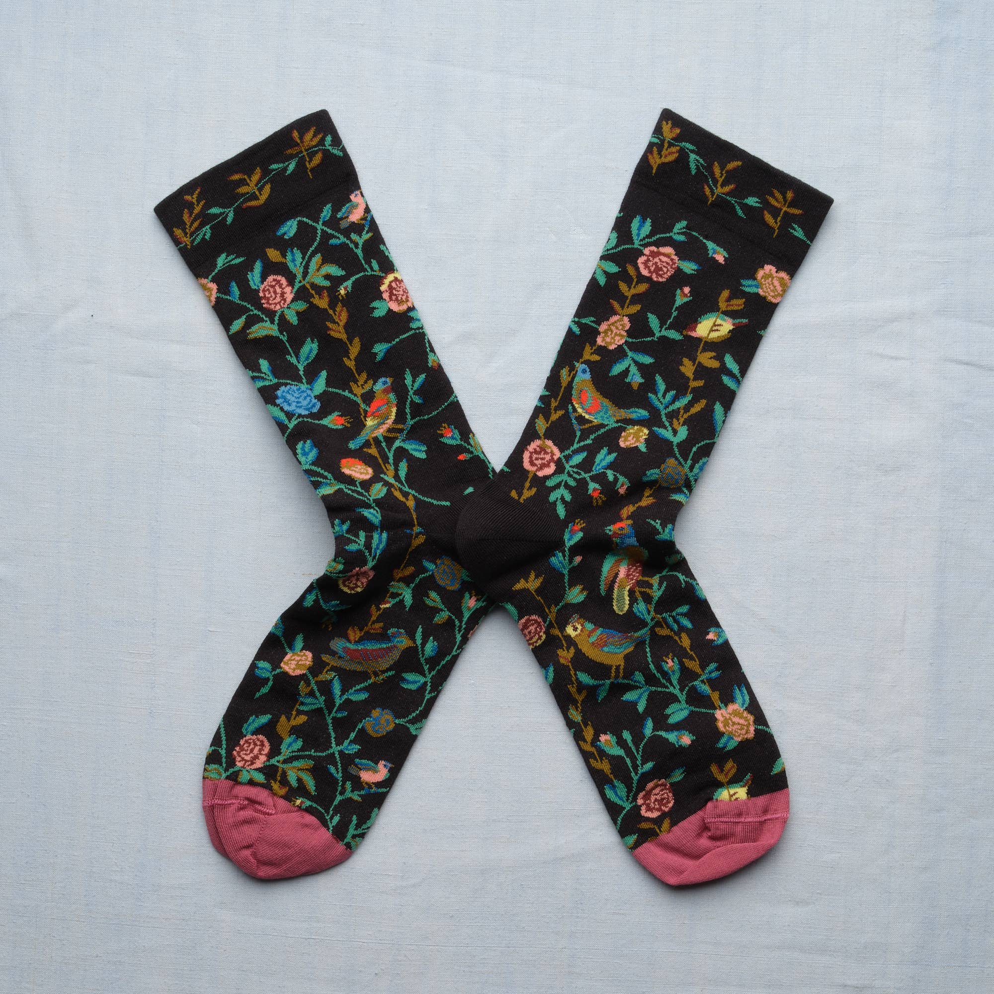 Sock Flowers and Birds Faux Black