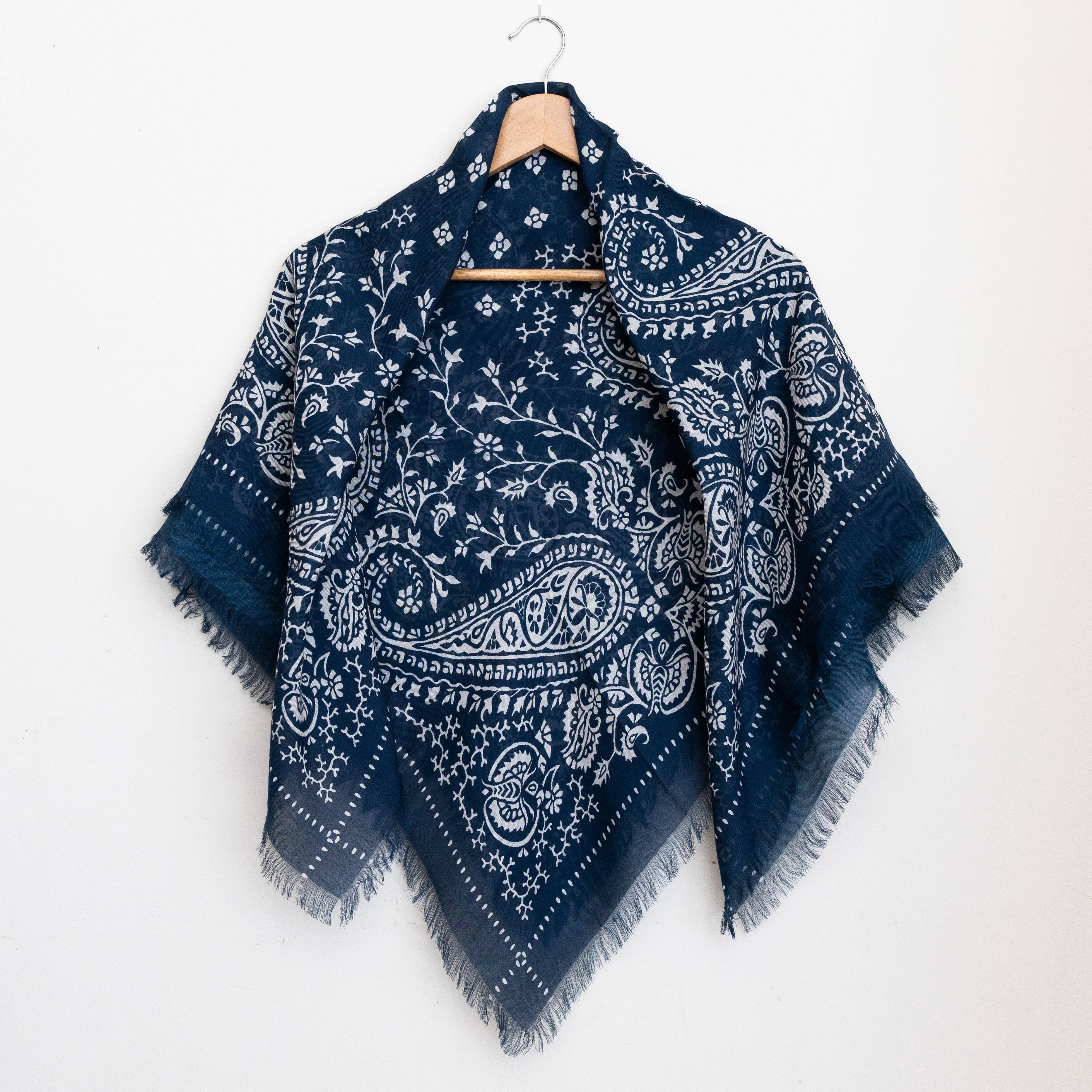 Oversize Fringe Bandana - Paisley in Navy