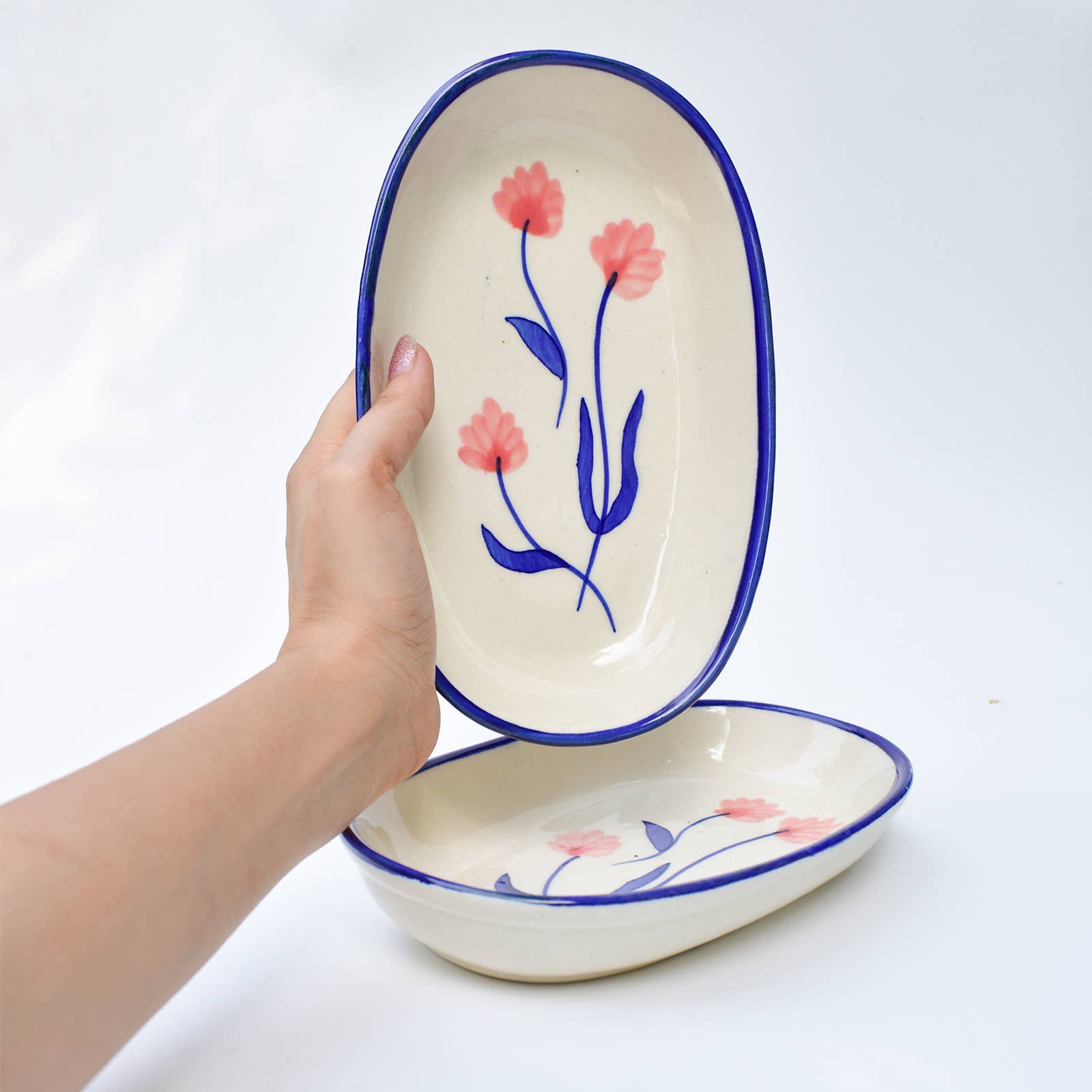 Handmade Ceramic Serving bowl - Camellia, 1.5 x 8 x 4 Inches