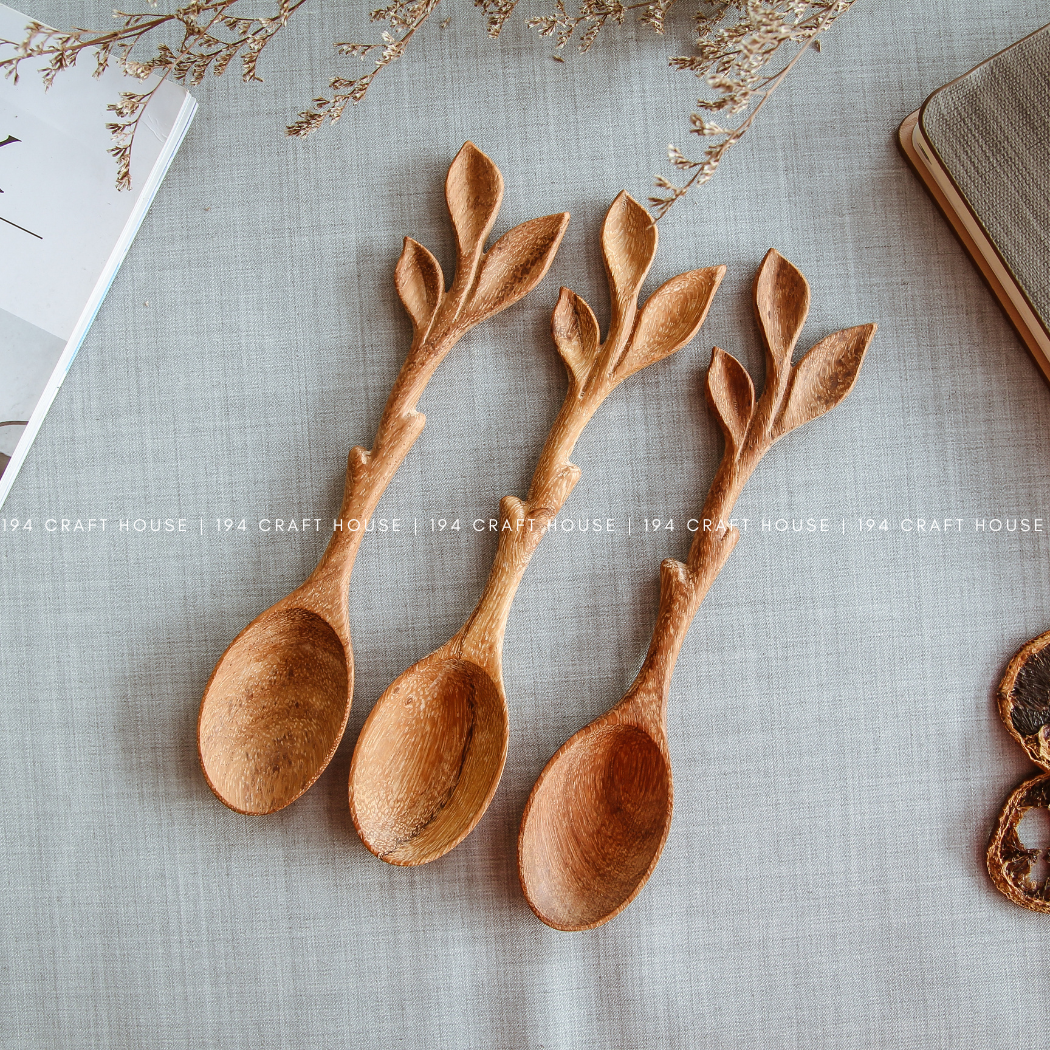 Artisan Leaf Handle Wooden Spoon - Kitchen Serving Utensils