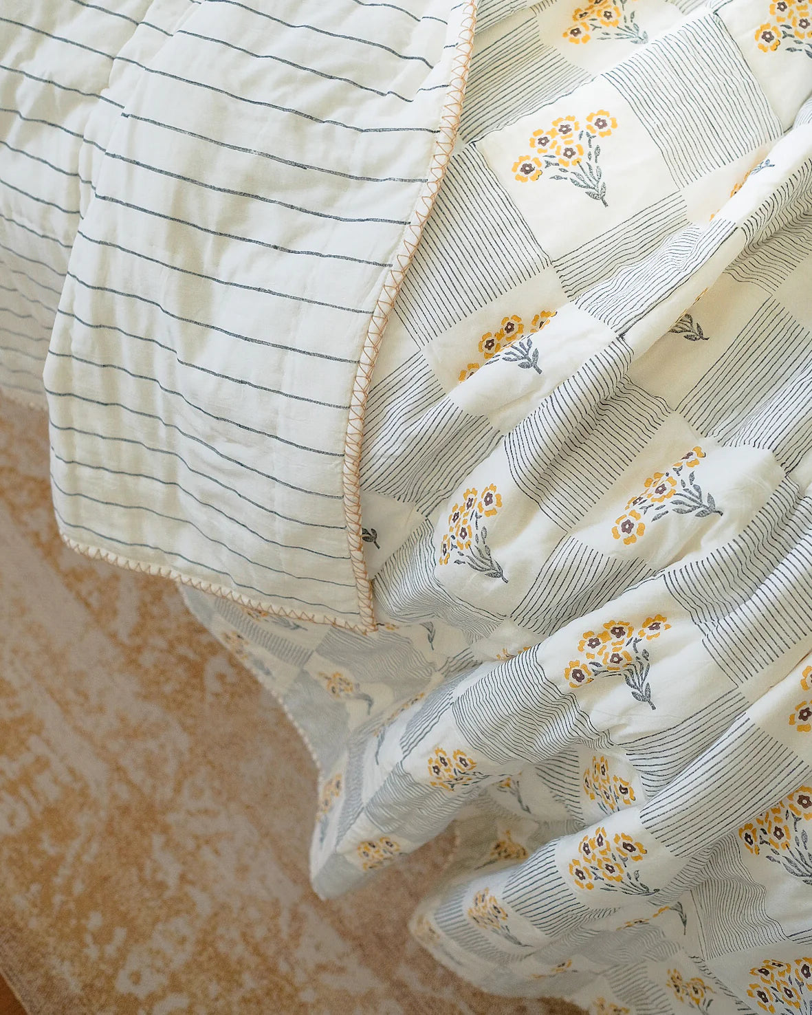 SHABANA - HAND BLOCK-PRINTED REVERSIBLE QUILT THROW - BLUE